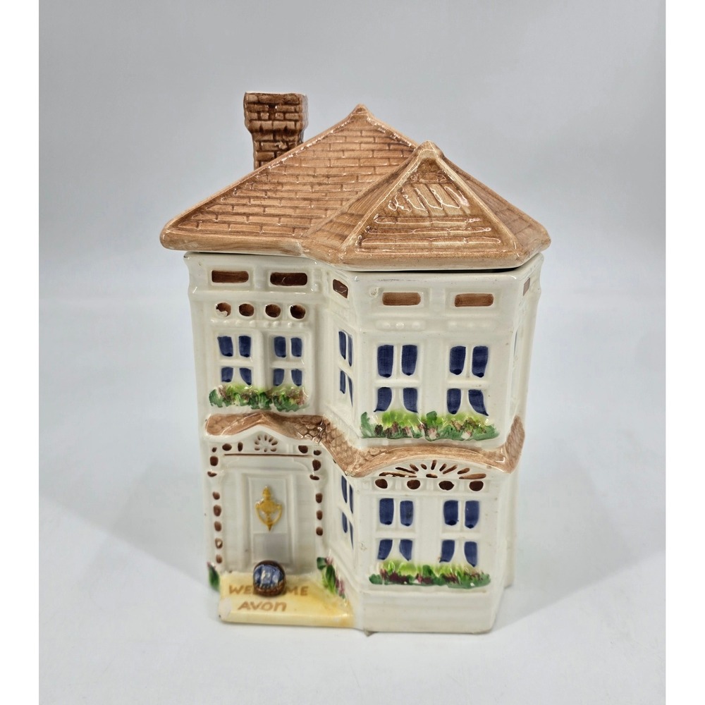 Vintage Avon Townhouse Canister Ceramic House Jar Hand Painted Brazil Cottage